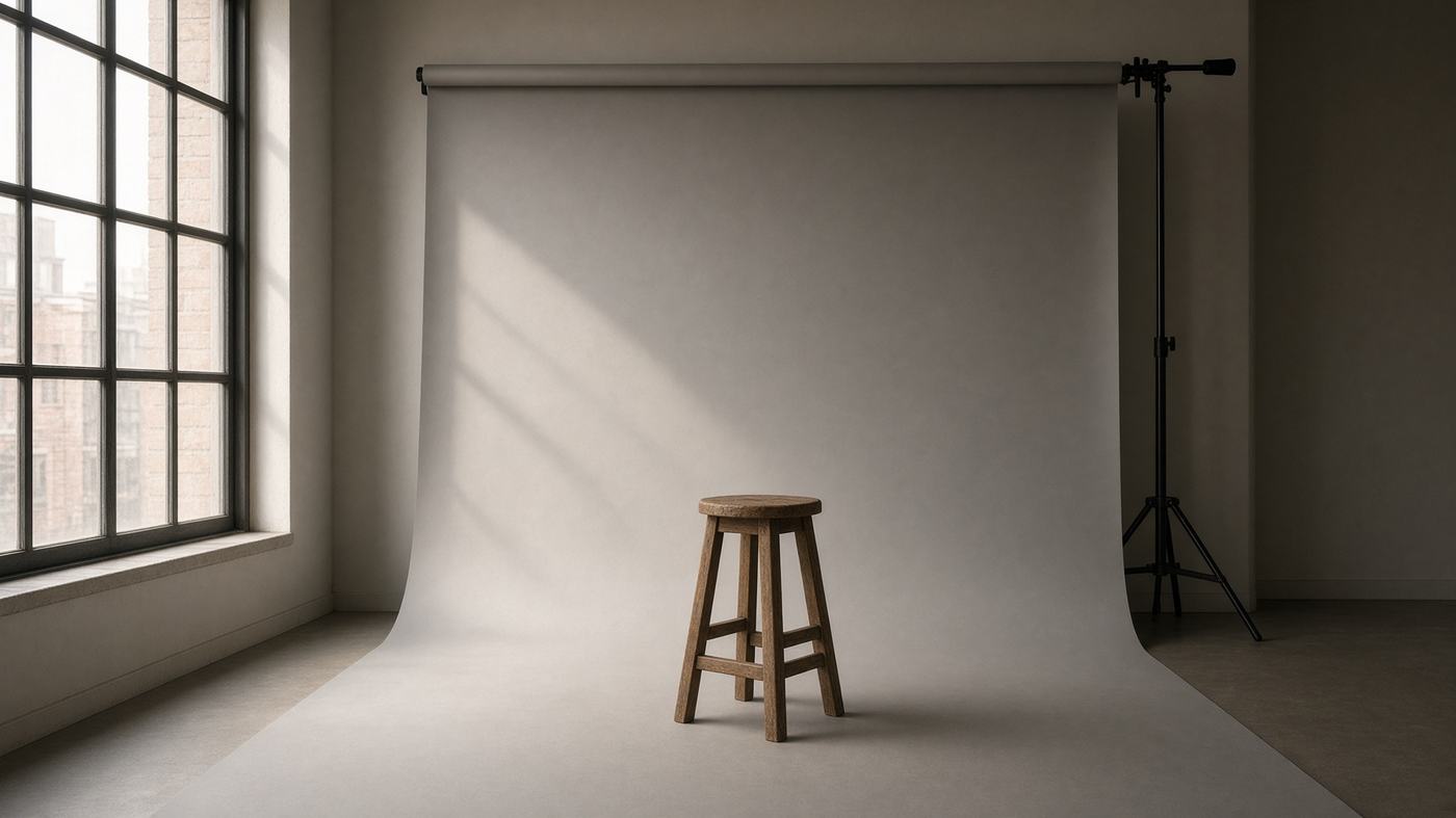 Empty photography studio with a grey seamless backdrop